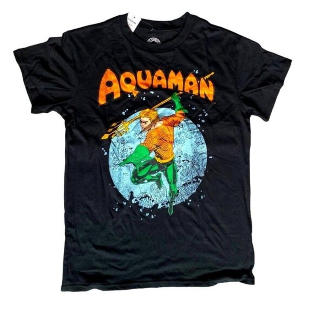 DC Comics Aquaman Graphic T-Shirt Black Short Sleeve Crew Neck Men's Large NEW